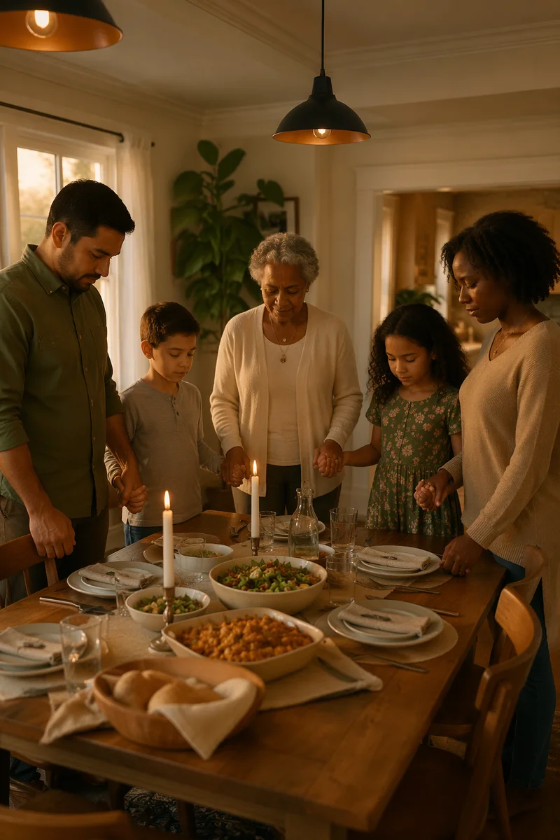 Multigenerational Family Holding Hands in Dinner Prayer