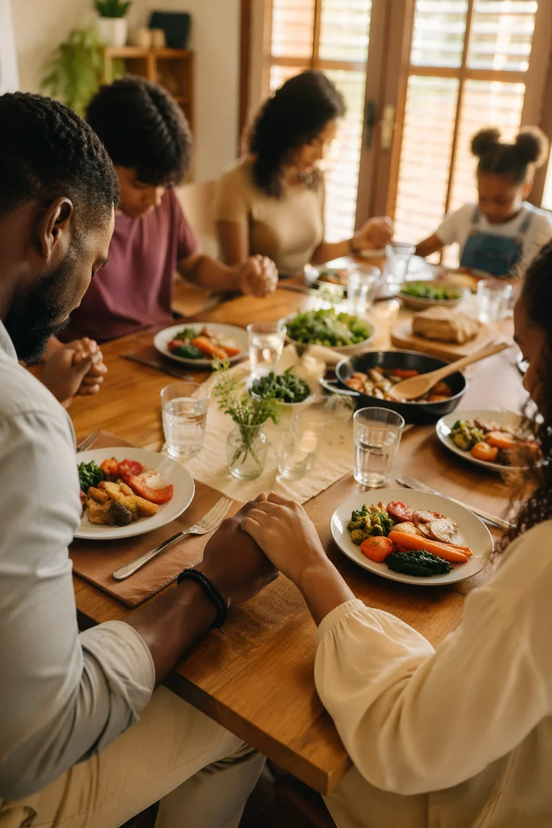 Christian Family Dinner Prayer Around Wooden Table
