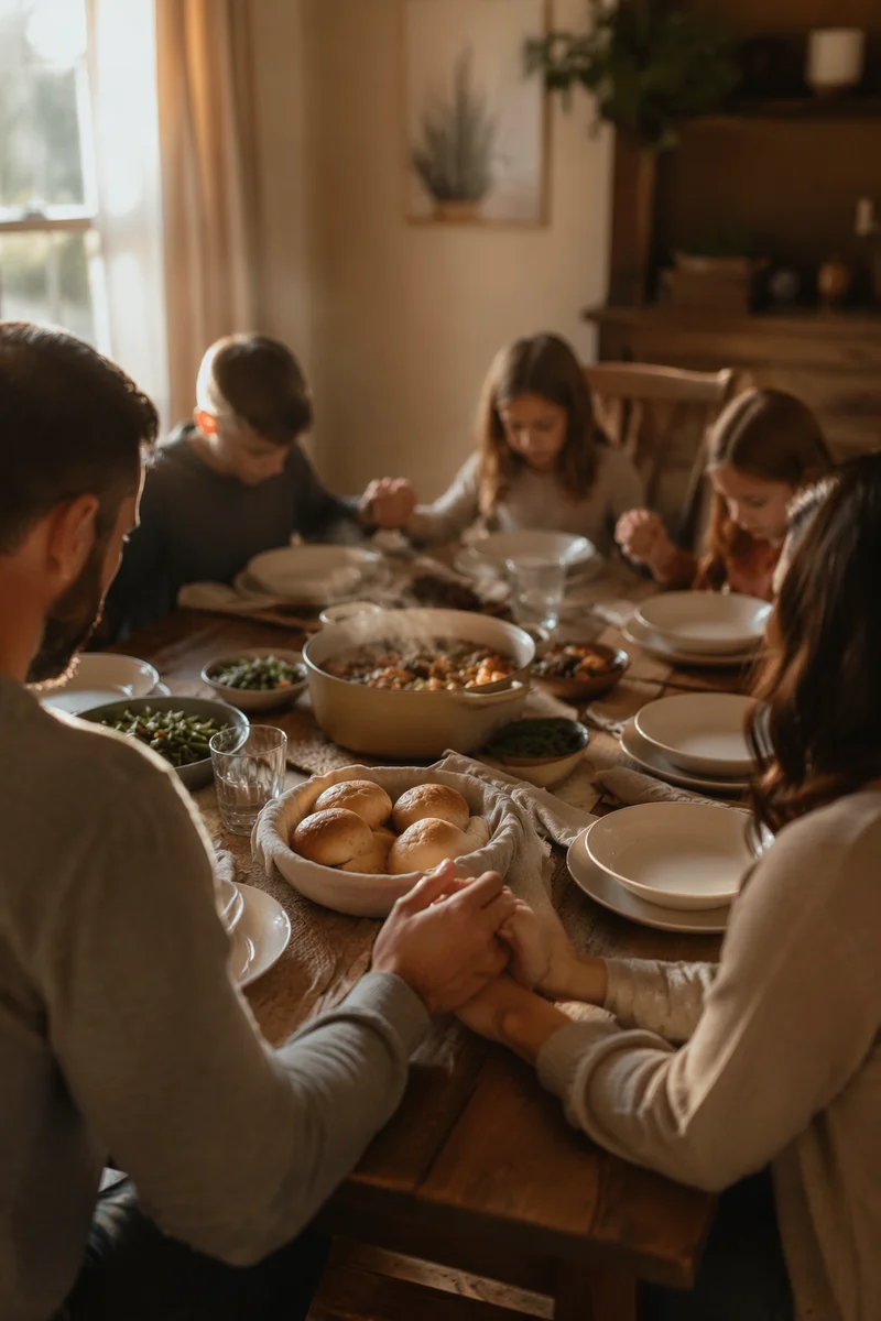 Christian Family Dinner Prayer in Warm Light