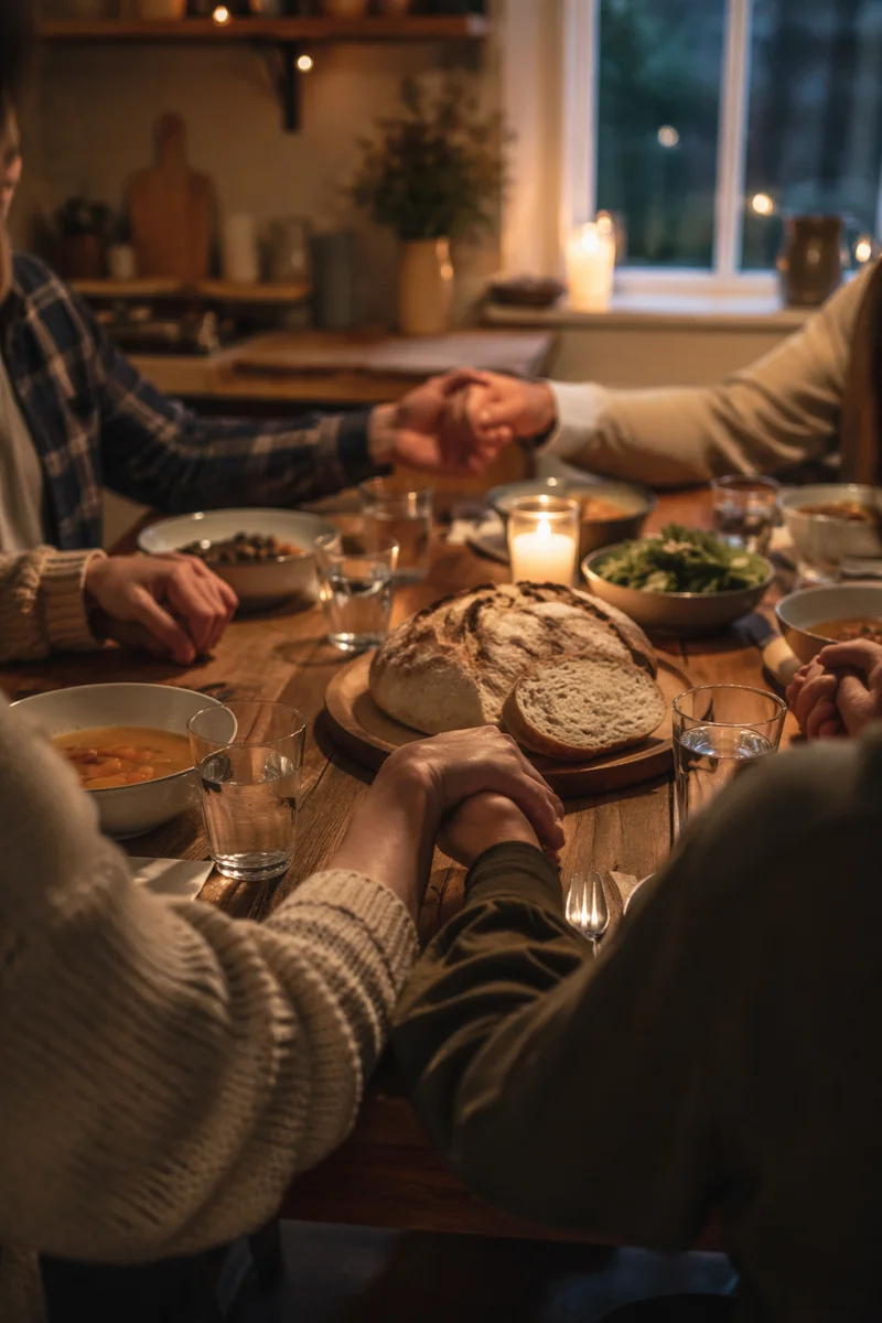 Christian Family Dinner Prayer Around Rustic Table