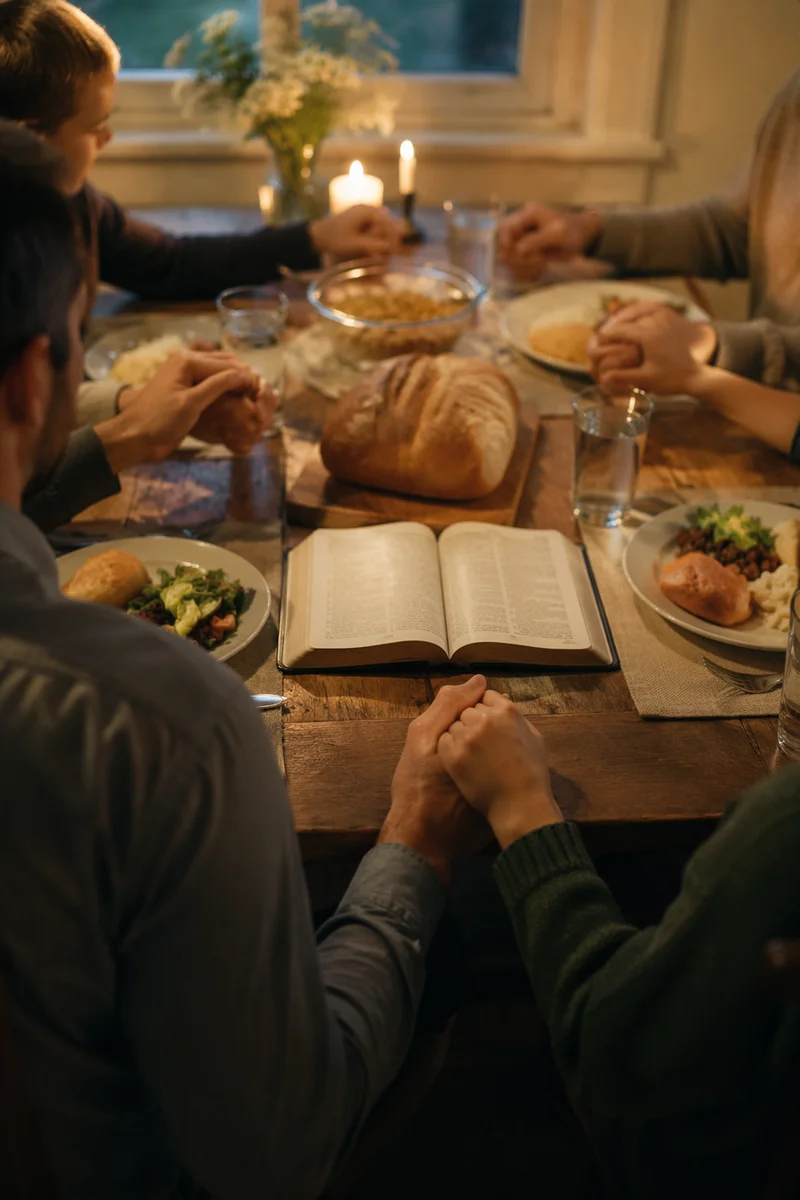 Christian Family Dinner Prayer Around Wooden Table