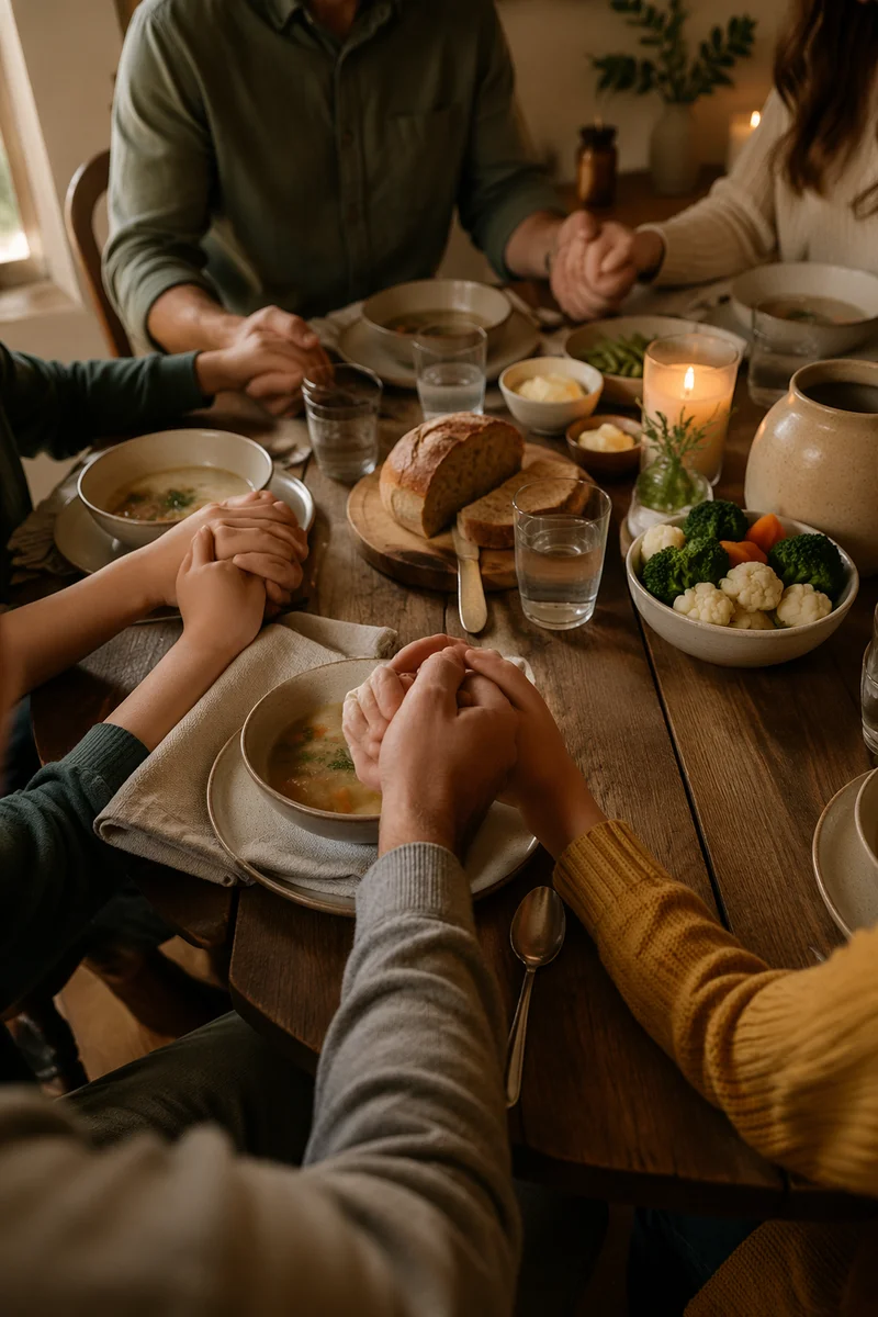 Christian Family Dinner Prayer Around Rustic Table