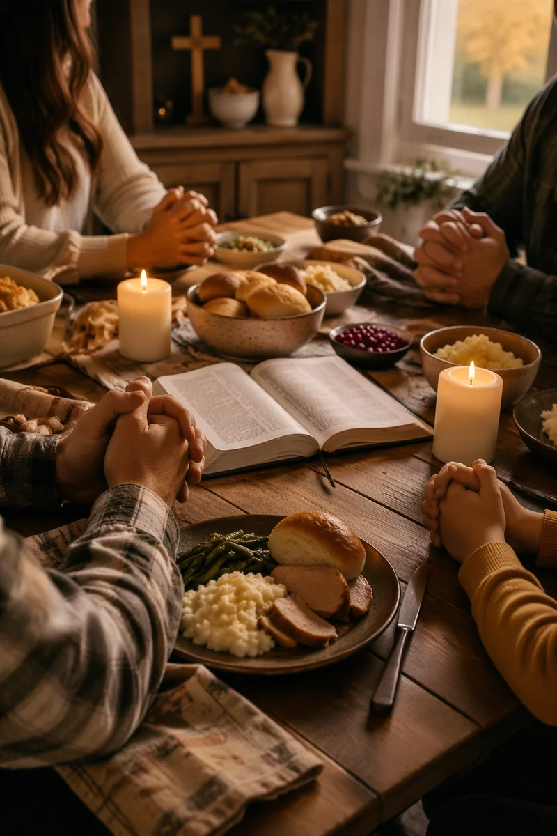 Christian Family Dinner Prayer Around Rustic Table