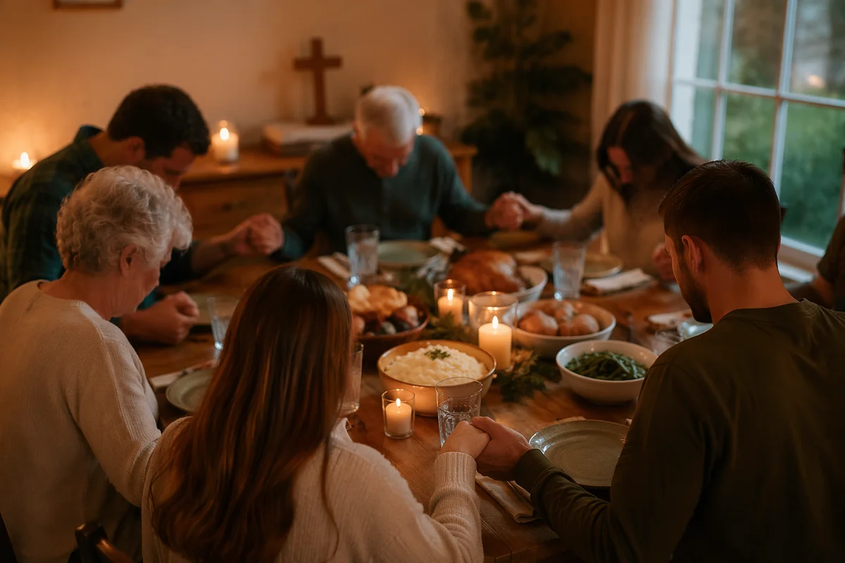 Christian Family Dinner Prayer Around Rustic Table