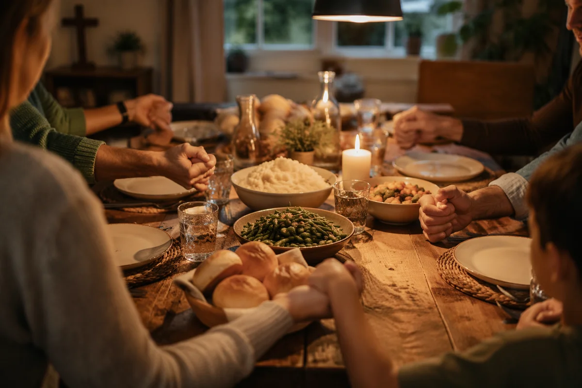 Christian Family Holding Hands in Dinner Prayer