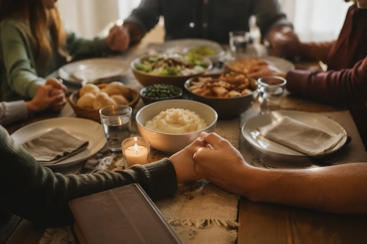 Christian Family Dinner Prayer Around Rustic Table