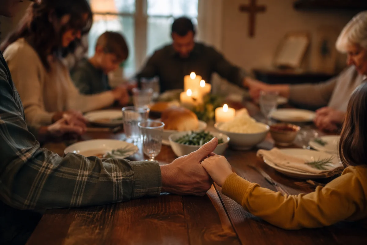 Christian Family Dinner Prayer Around Rustic Table