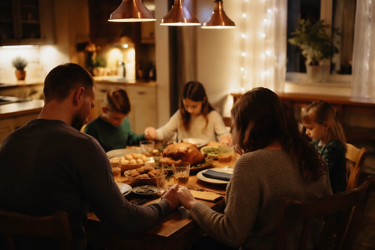 Christian Family Holding Hands in Dinner Prayer