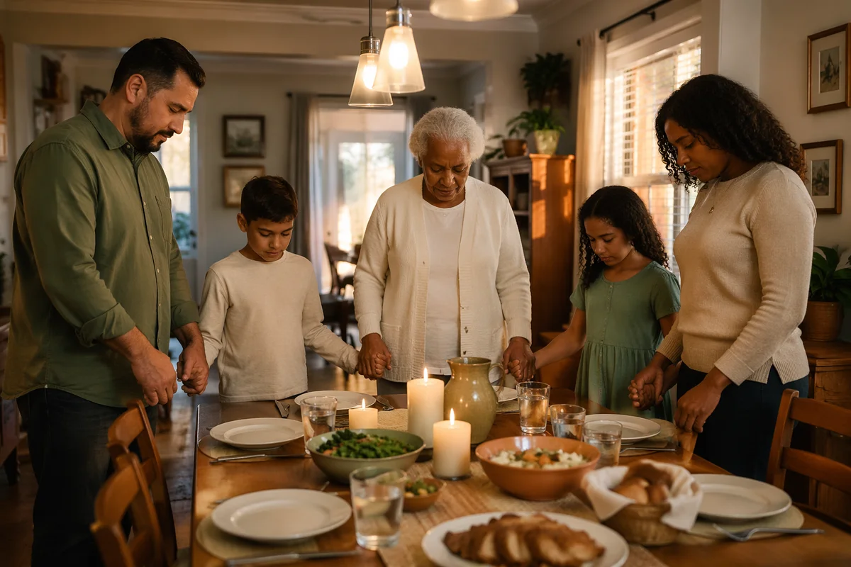 Family Holding Hands Before Dinner Prayer