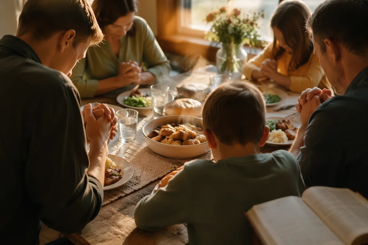Christian Family Dinner Prayer Around Rustic Table