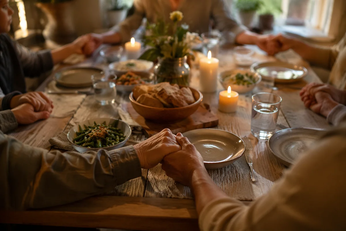 Christian Family Dinner Prayer Around Wooden Table