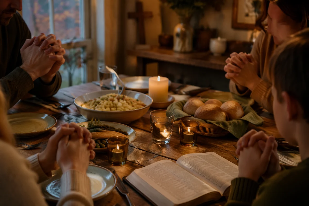 Christian Family Dinner Prayer Around Rustic Table