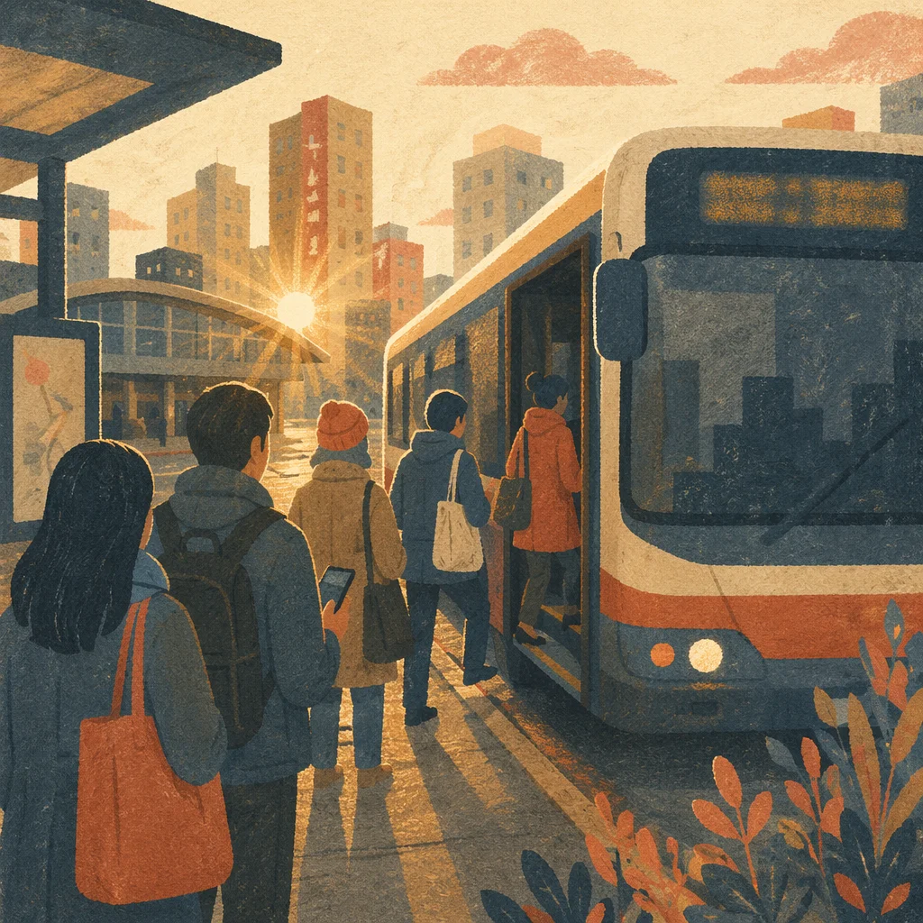 Morning City Bus Boarding at Sunrise