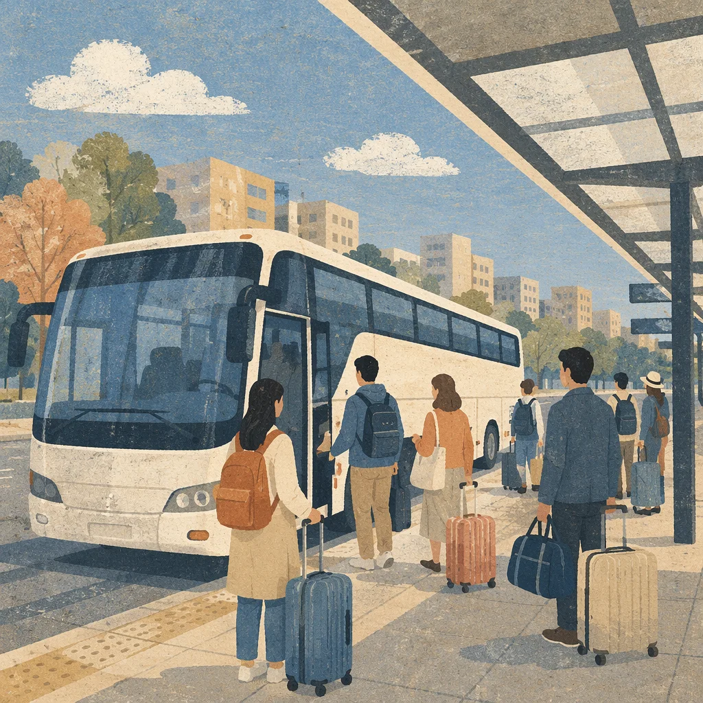 Morning City Bus Boarding at Urban Stop