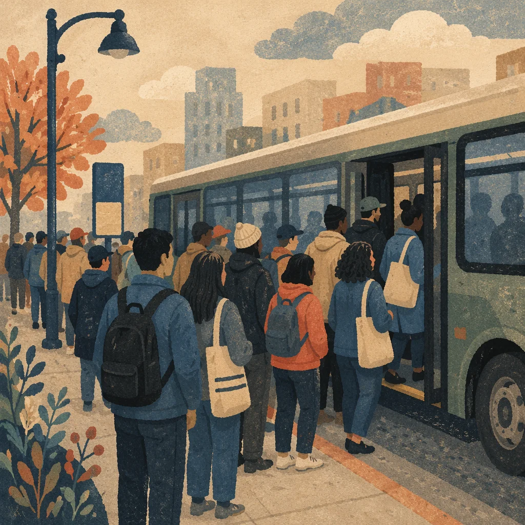 Morning City Bus Boarding Scene