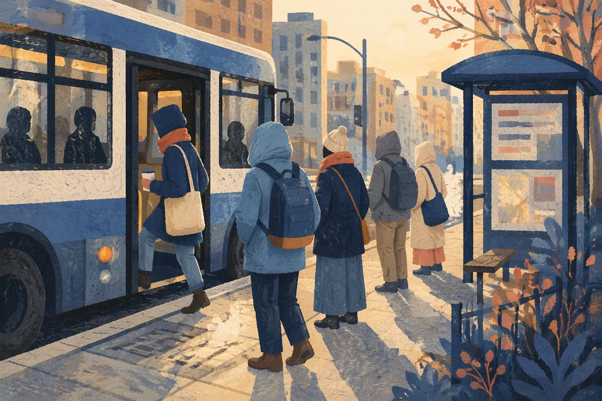 Morning City Bus Boarding at Stop