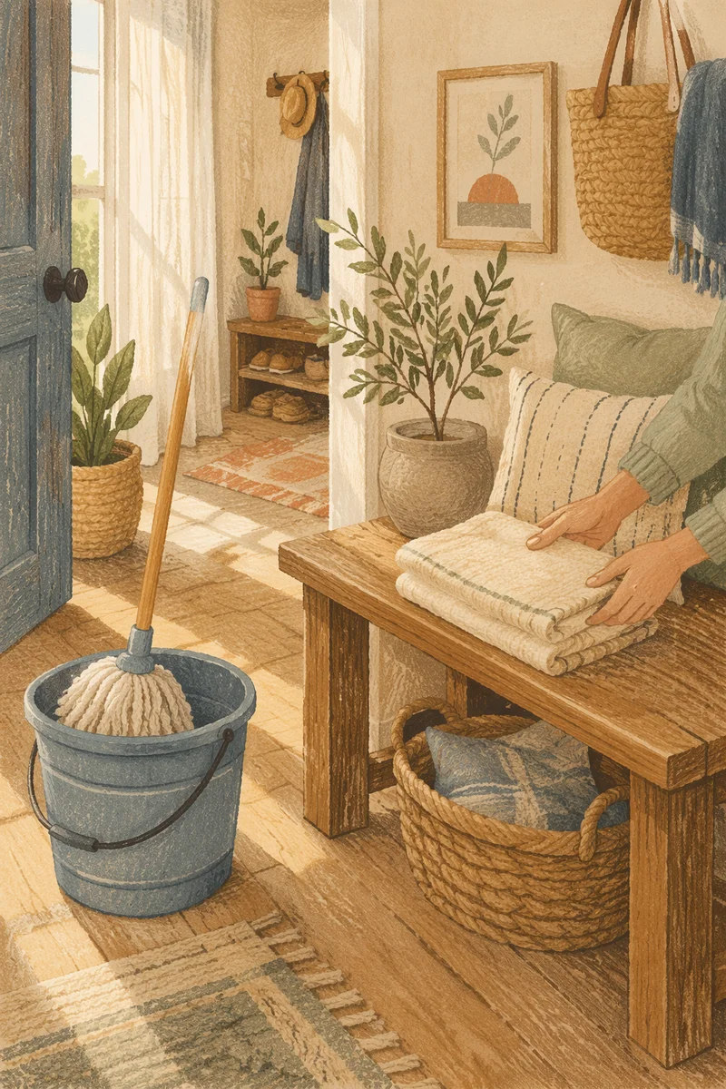 Sunlit Tidy Entryway With Mop Bucket