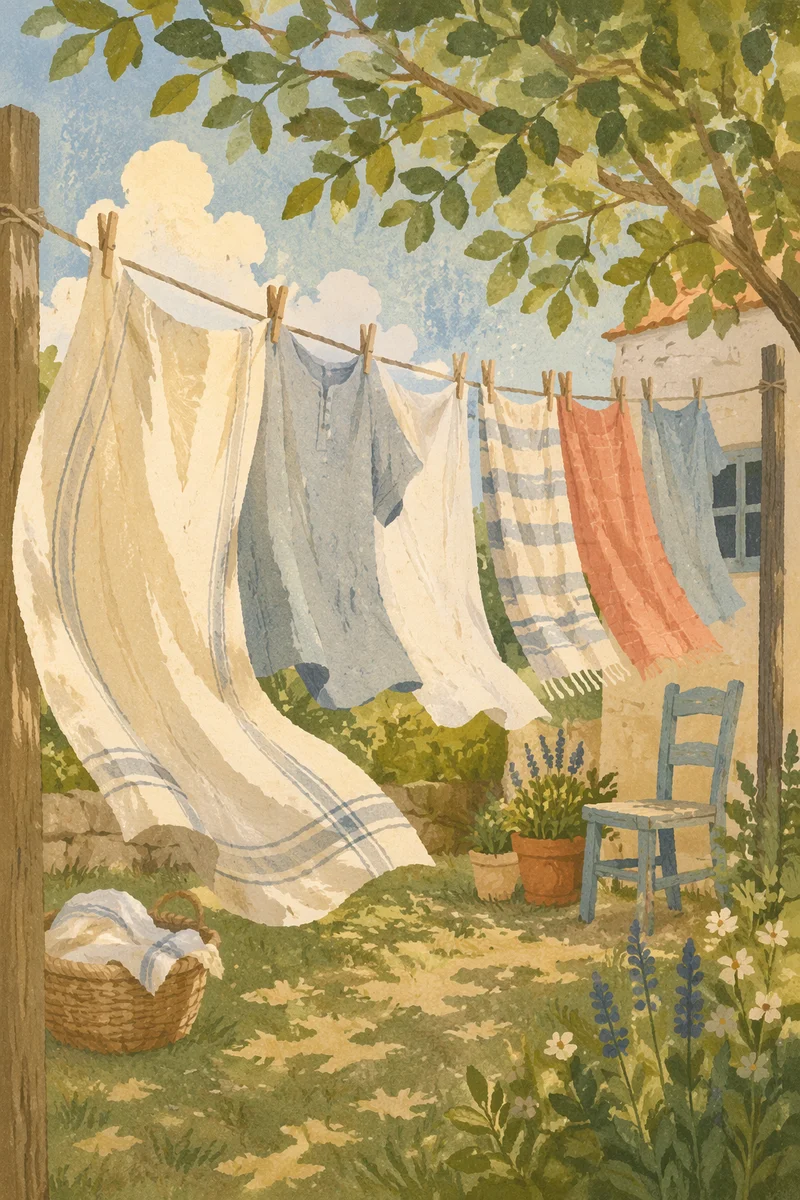 Sunlit Laundry Swaying in Quiet Backyard