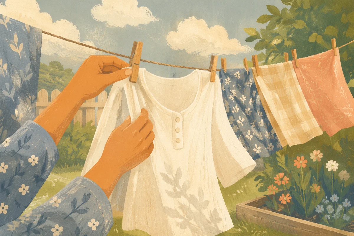 Sunlit Backyard Clothesline in Gentle Breeze