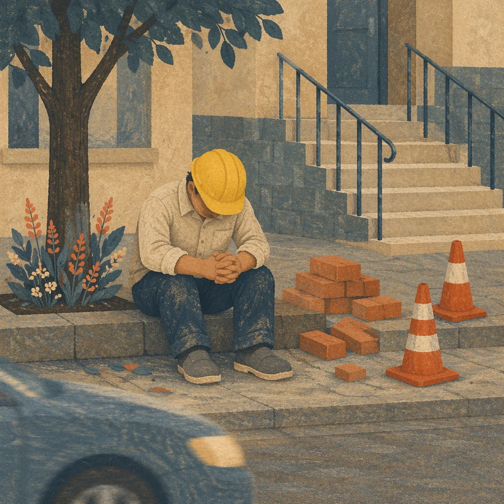 Construction Worker Prayer Break on City Sidewalk