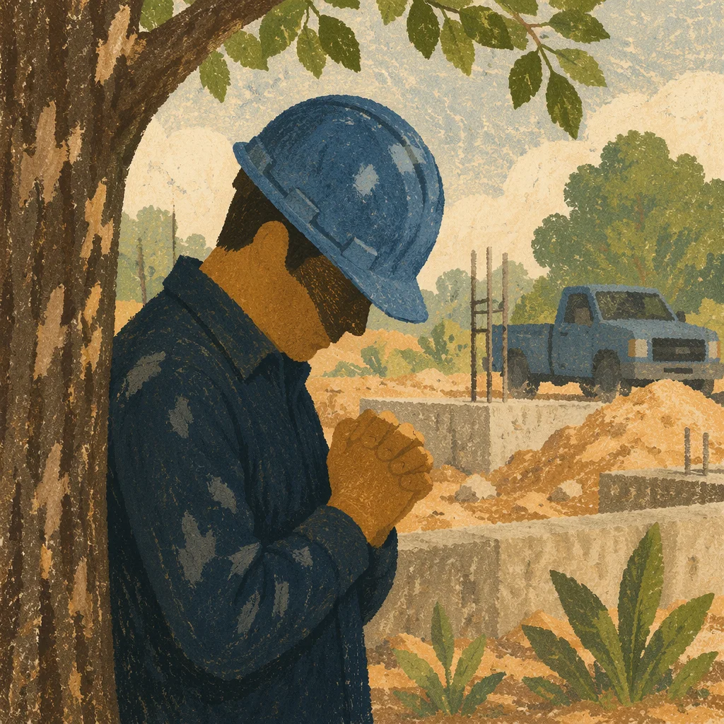 Construction Worker Praying During Quiet Break