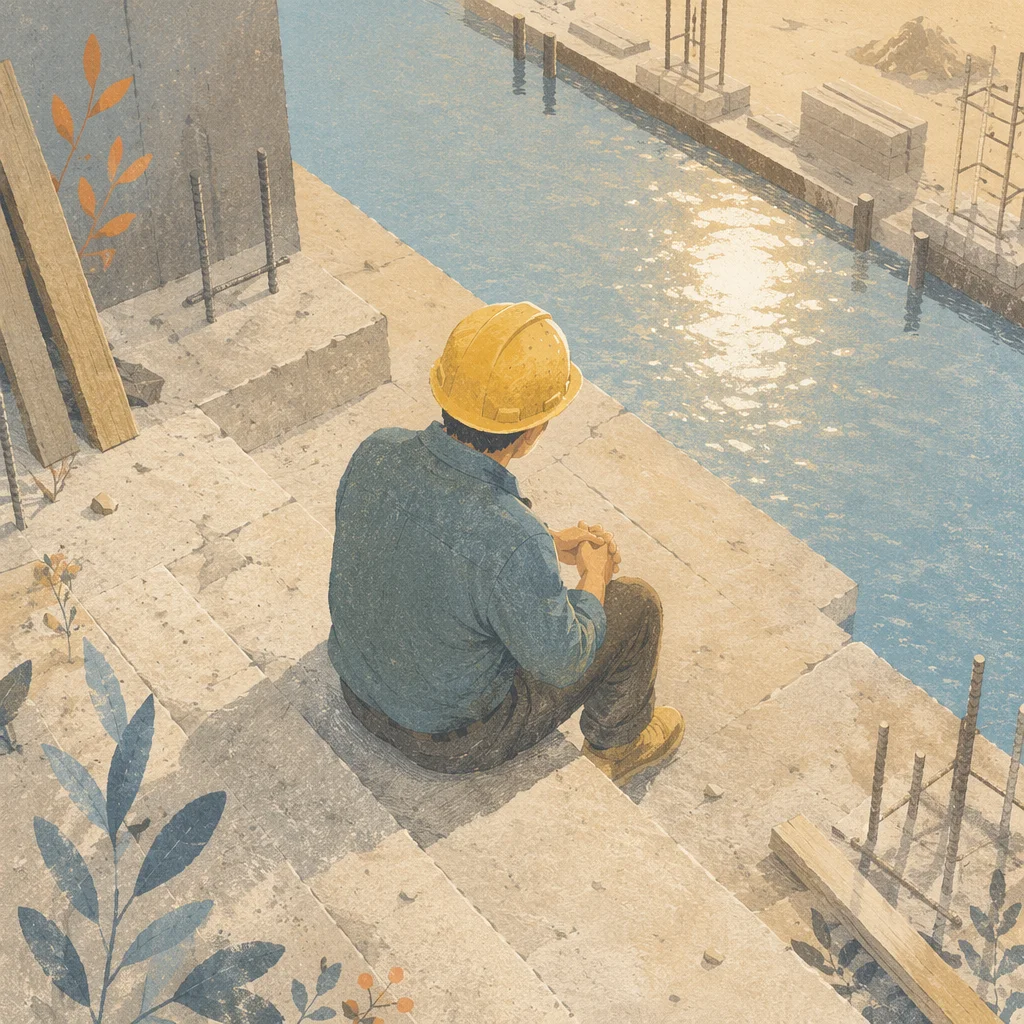 Construction Worker Prayer Break by Reflective Water