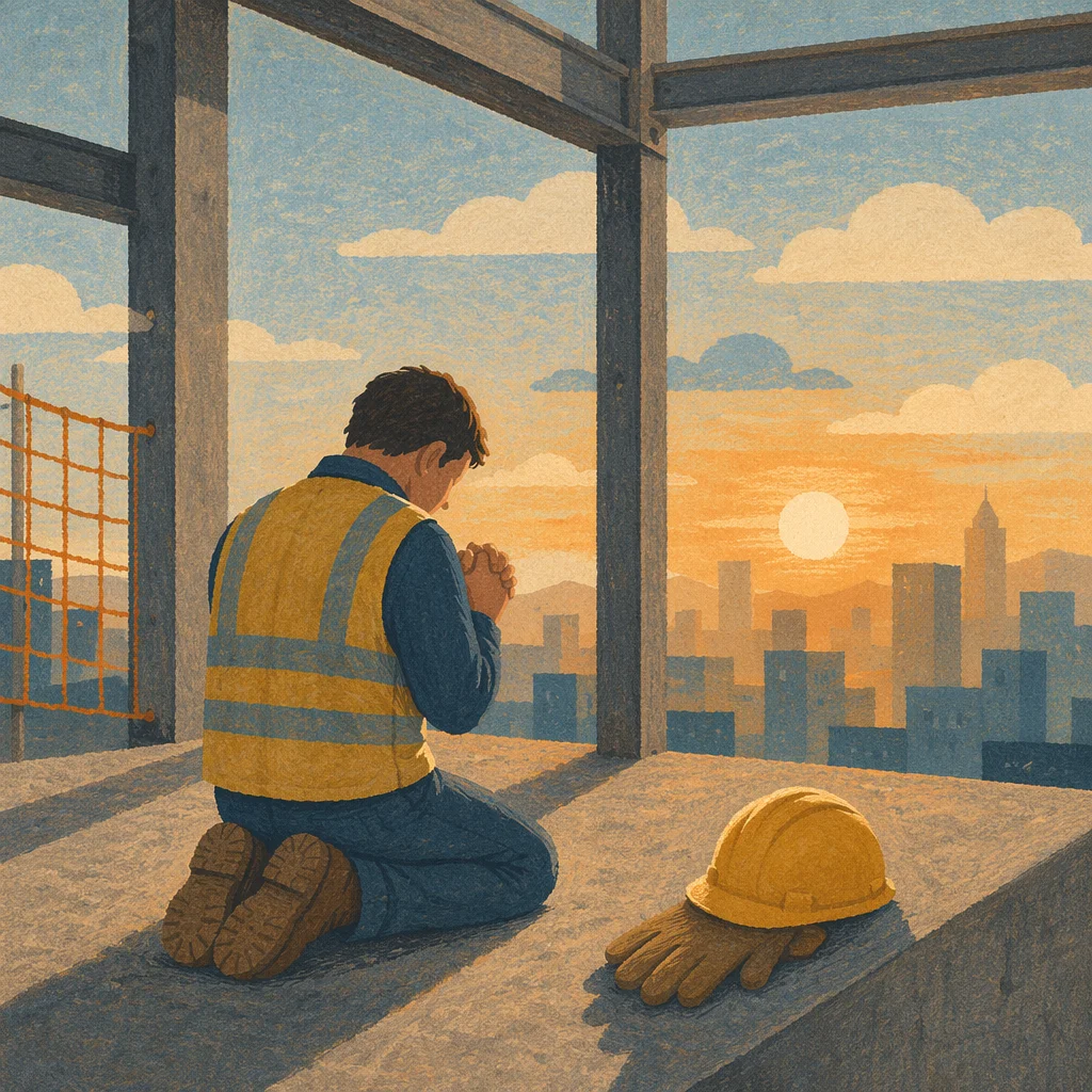 Construction Worker Prayer Break at Dawn