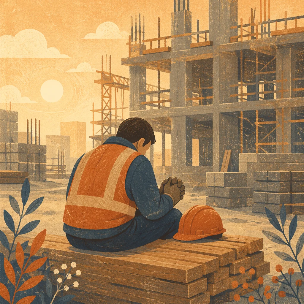 Construction Worker Prayer Break at Sunrise