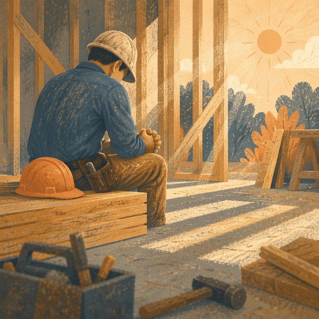 Construction Worker Praying at Sunrise
