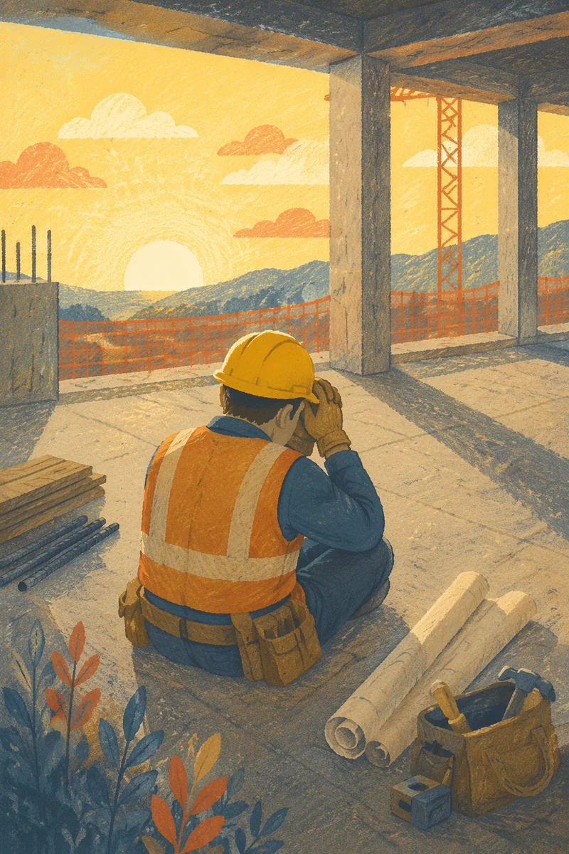 Construction Worker Prayer Break at Sunrise
