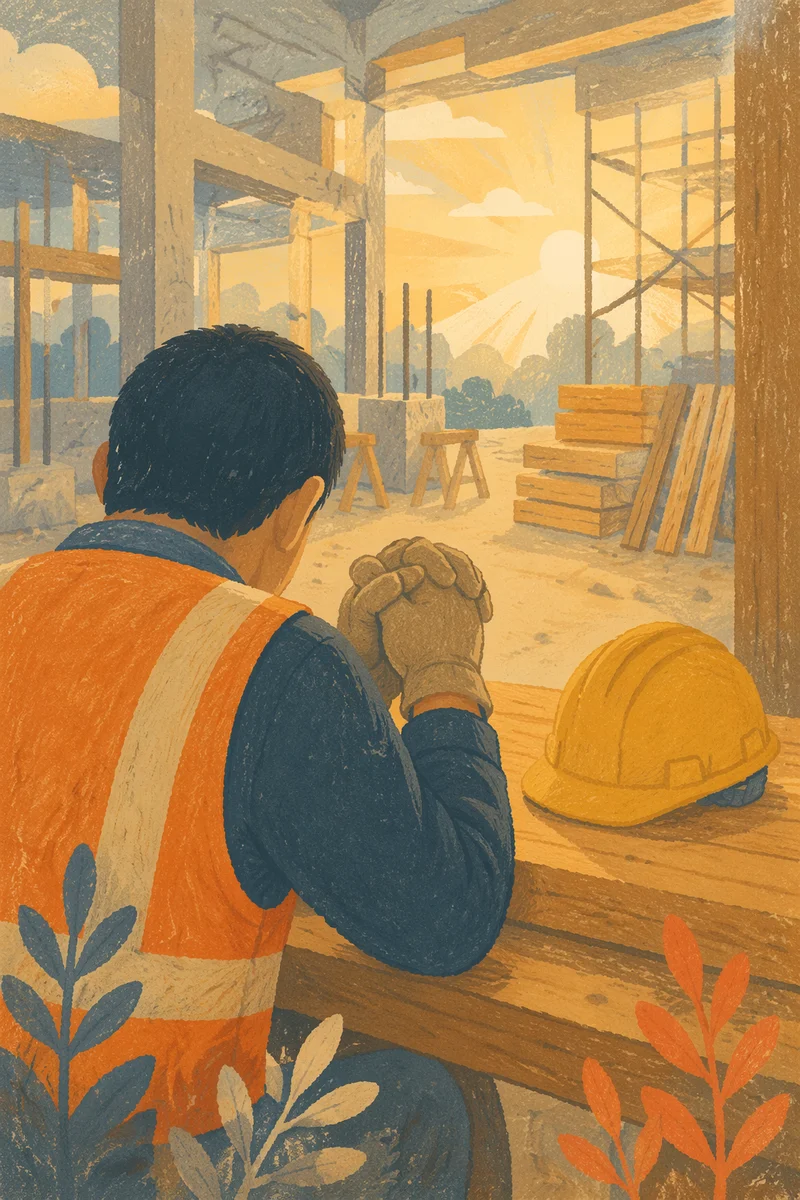 Construction Worker Prayer Break at Sunrise