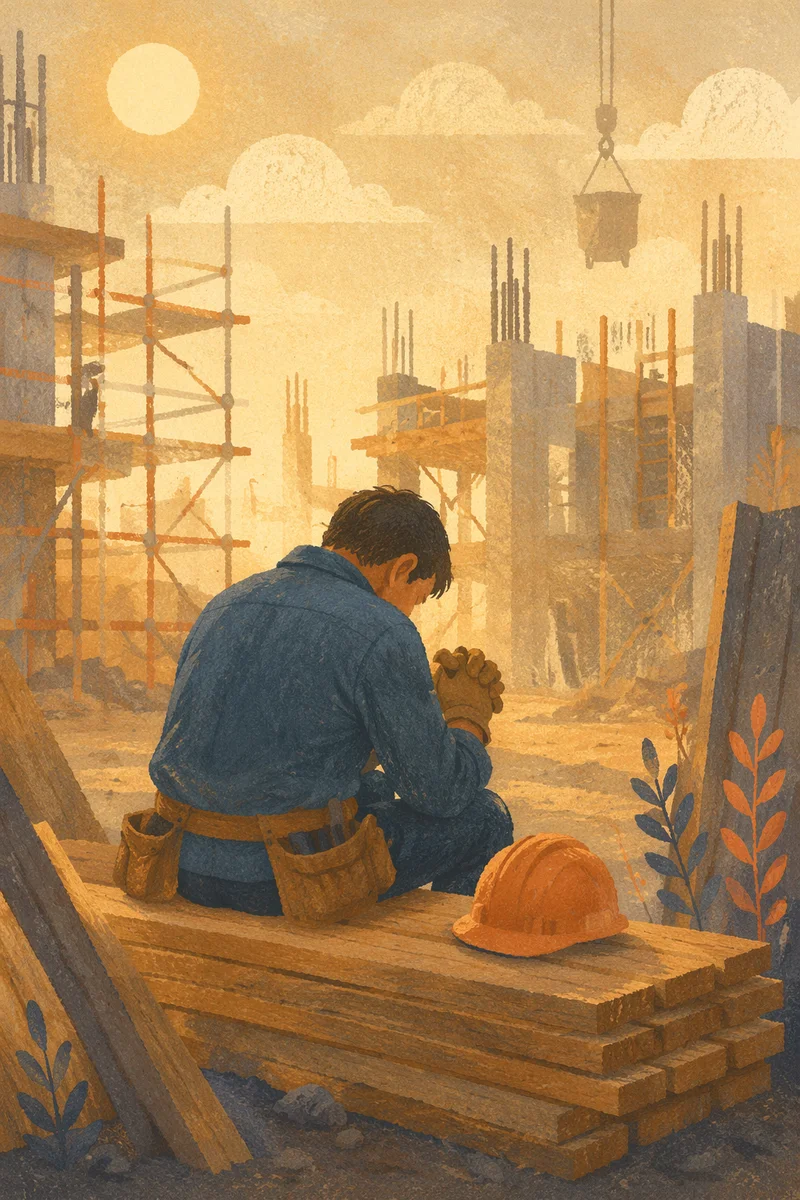 Construction Worker Prayer Break at Sunrise