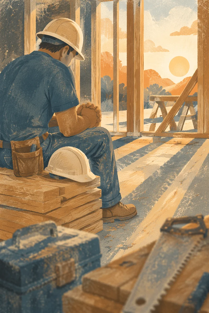 Construction Worker Prayer Break at Sunrise