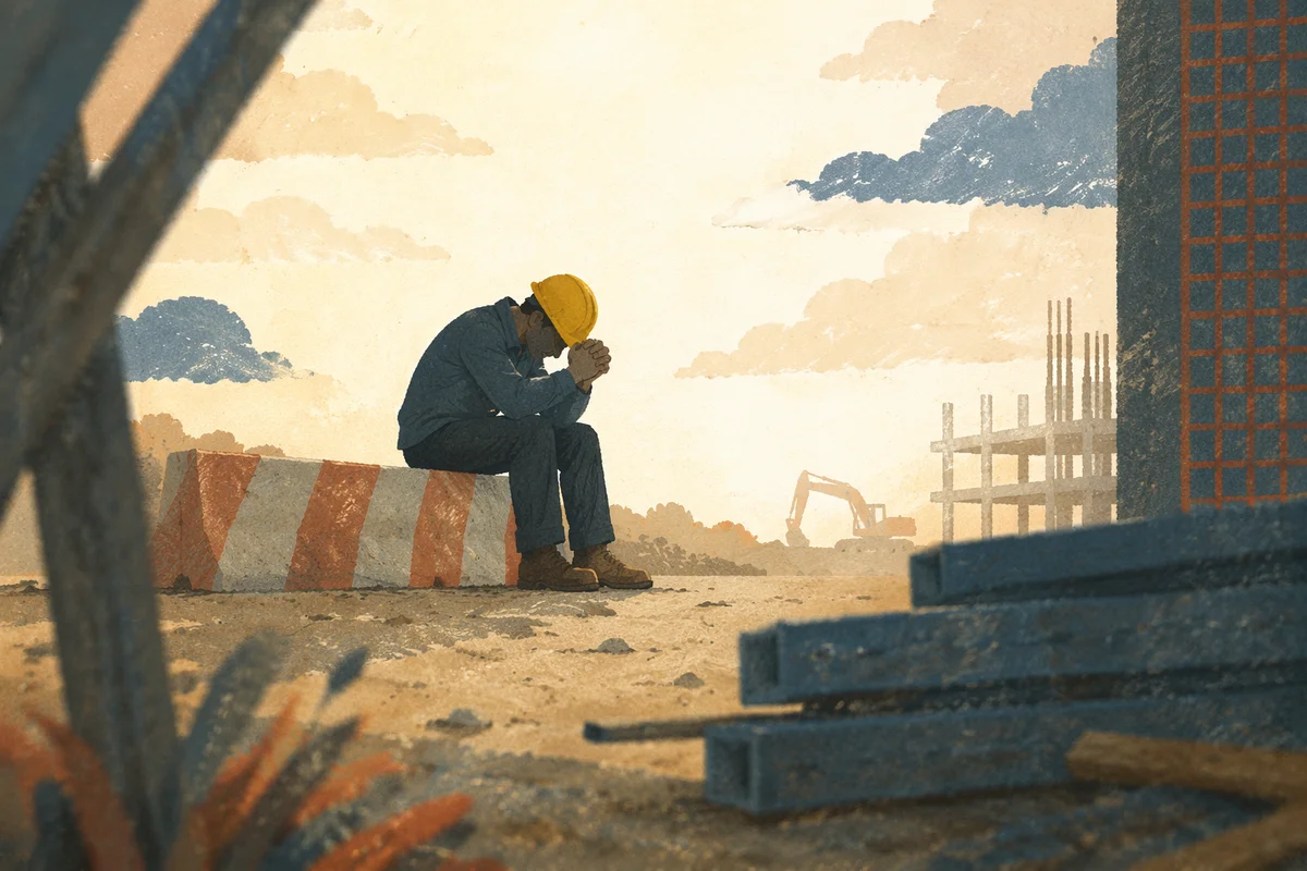Construction Worker Prayer Break at Sunset