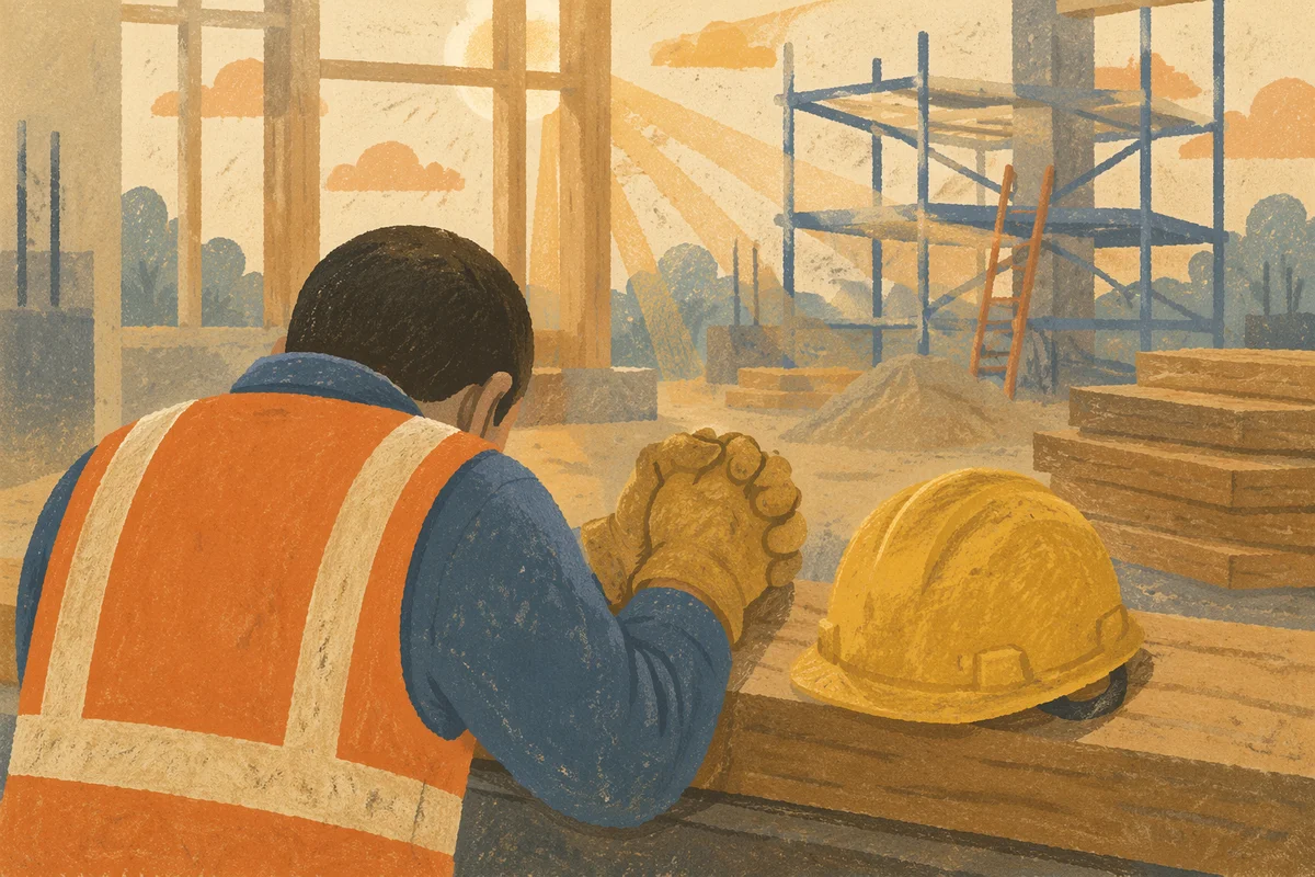 Construction Worker Prayer Break at Sunrise