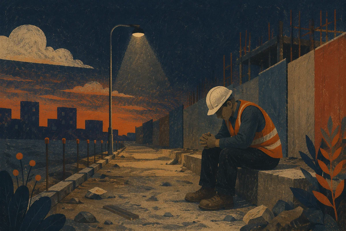 Construction Worker Prayer Break at Dusk