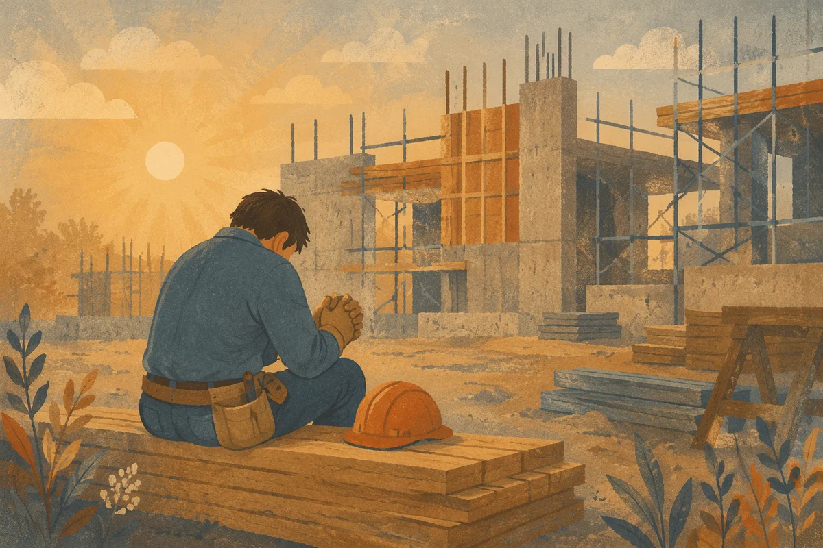 Construction Worker Prayer Break at Sunrise