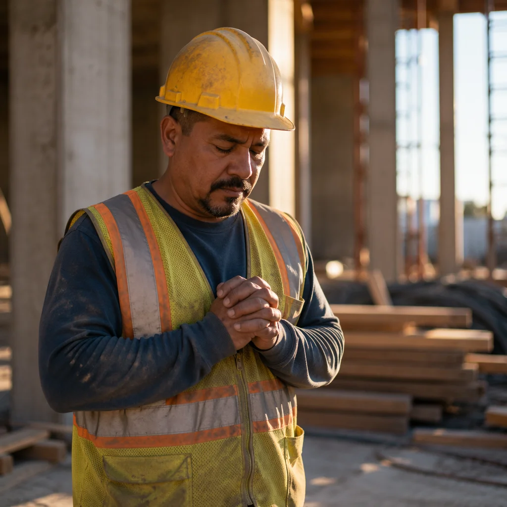 Construction Worker Prayer Break at Sunrise