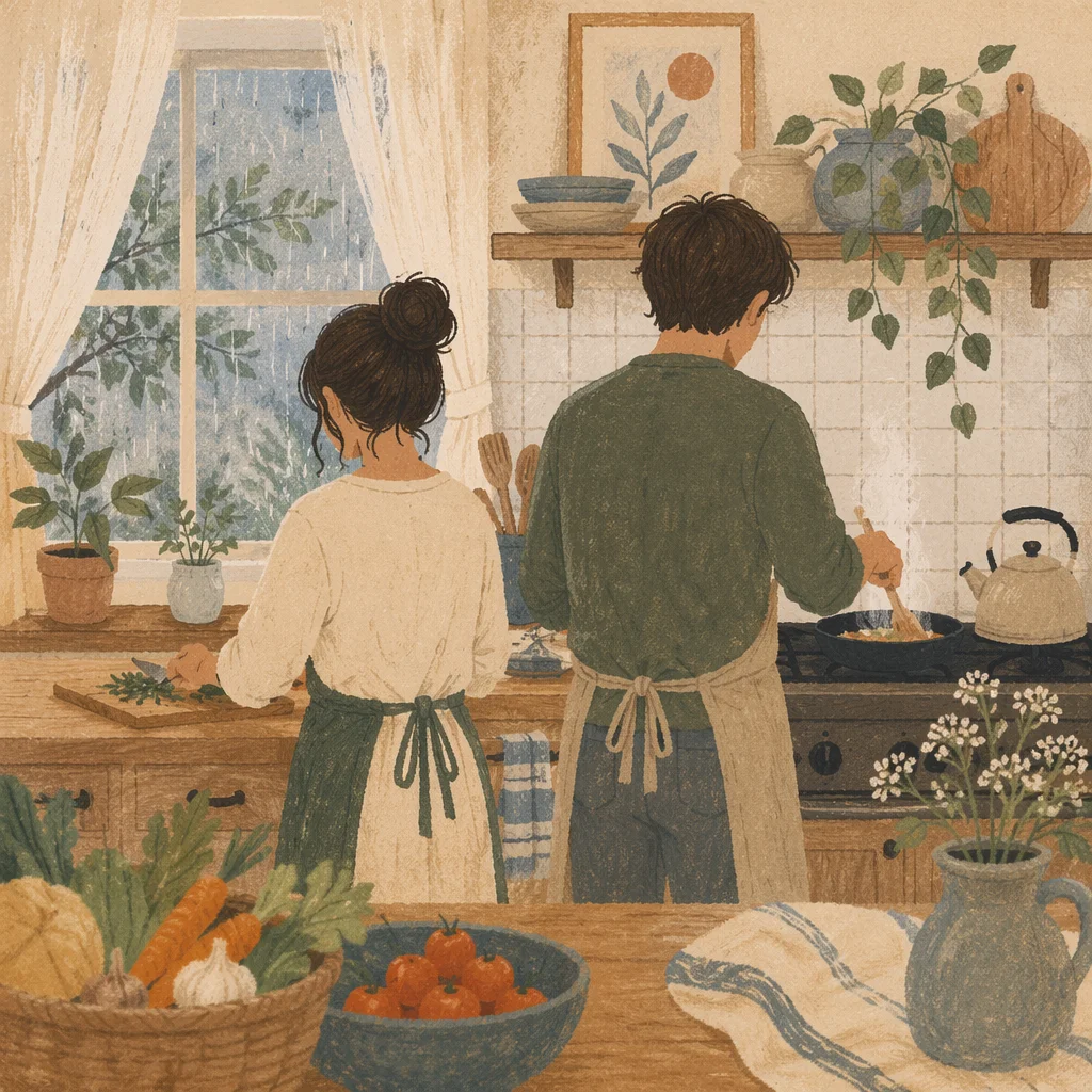 Cozy Couple Cooking on Rainy Morning