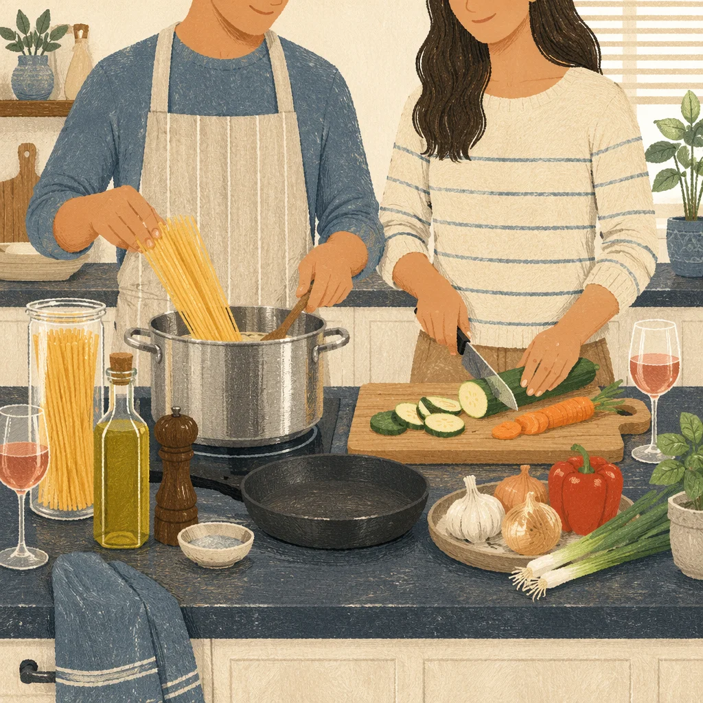 Couple Cooking Pasta in Bright Kitchen