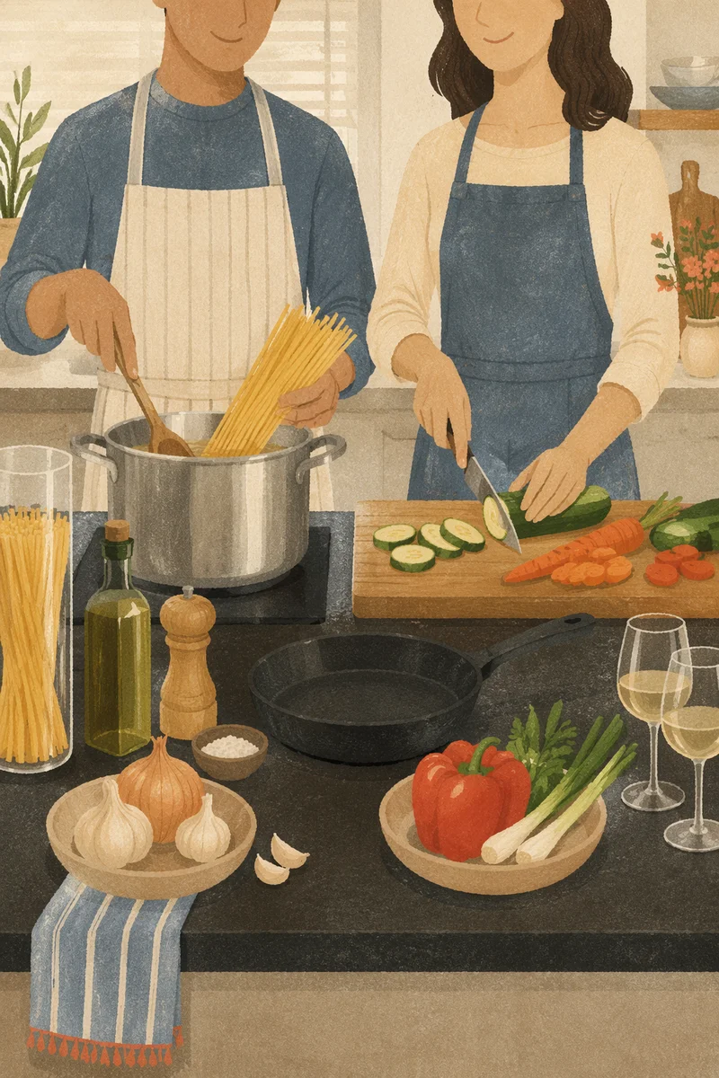 Couple Preparing Pasta in Bright Kitchen
