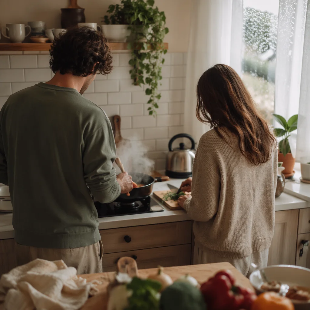 Cozy Couple Cooking on Rainy Morning