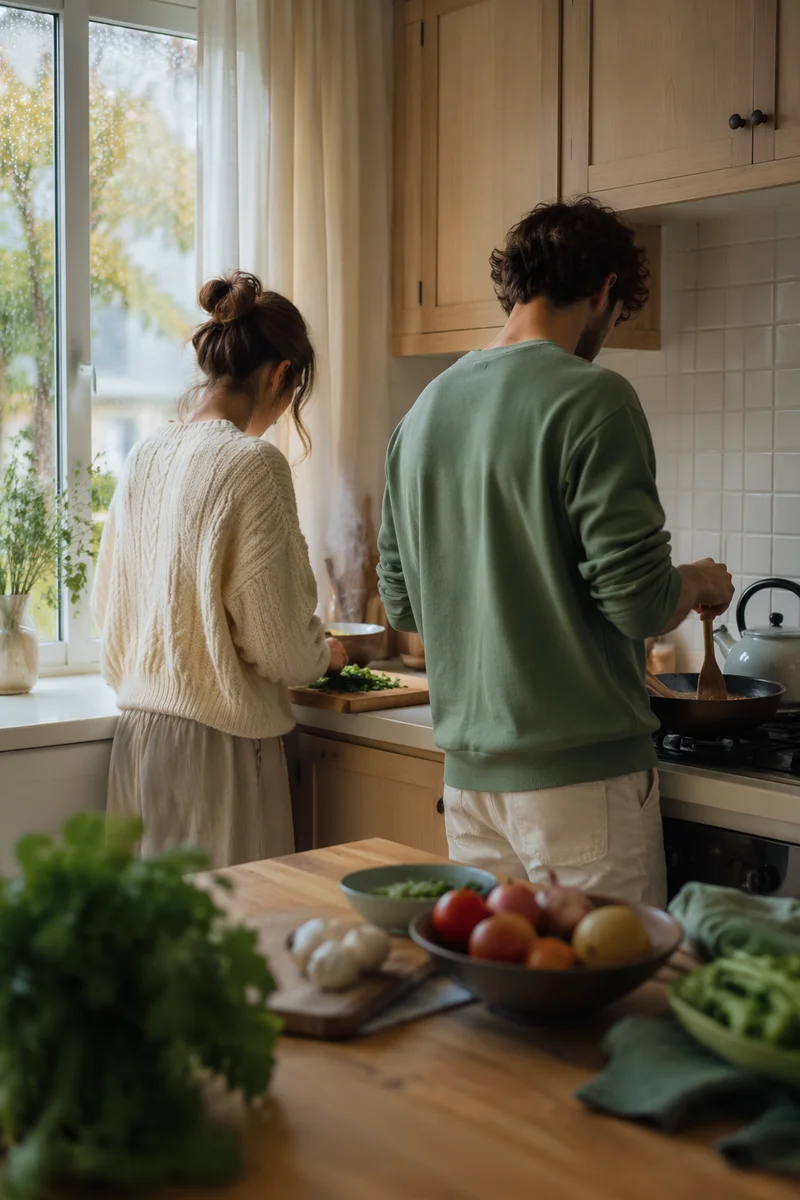 Cozy Couple Cooking on Rainy Morning