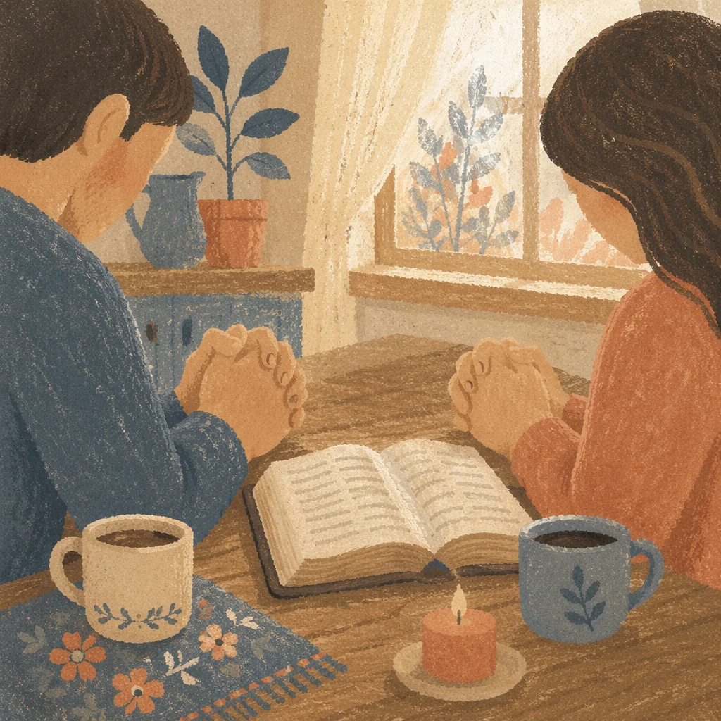 Couple Praying Holding Hands at Kitchen Table