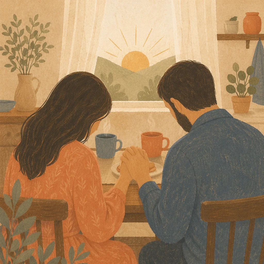 Couple Praying Together at Sunrise Table