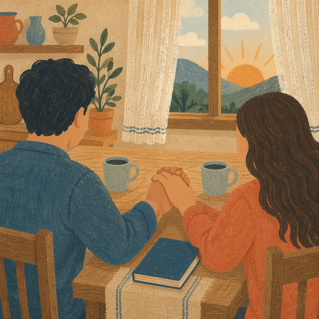 Couple Praying Together at Dawn Table