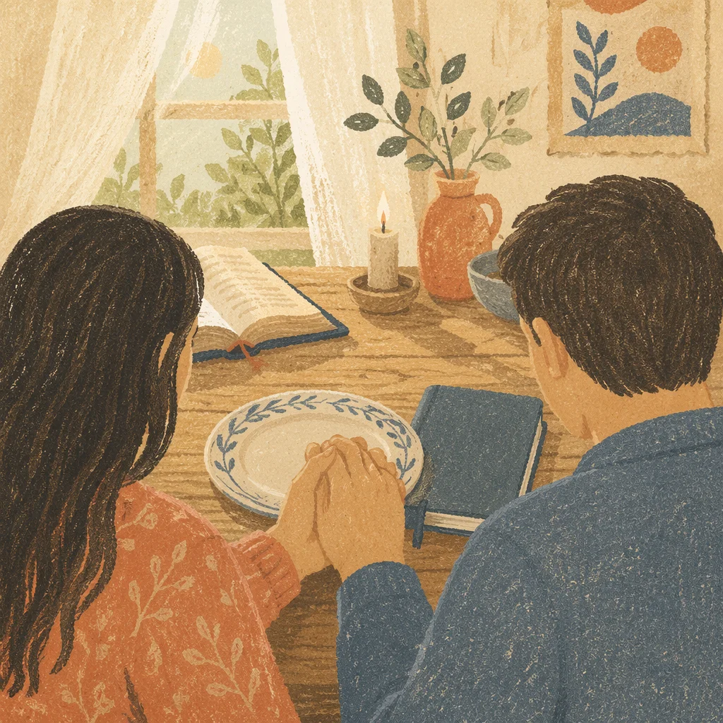 Couple Praying Together at Kitchen Table