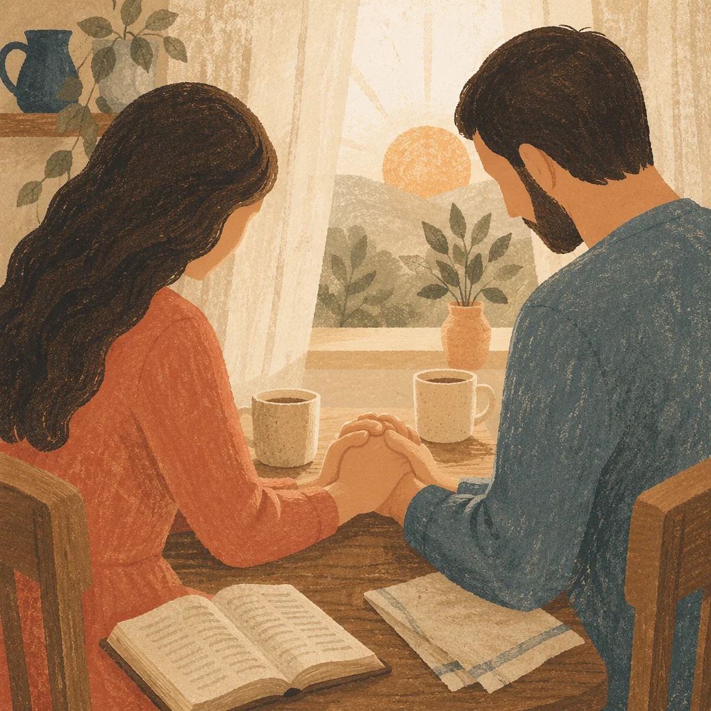 Couple Praying at Sunrise Kitchen Table