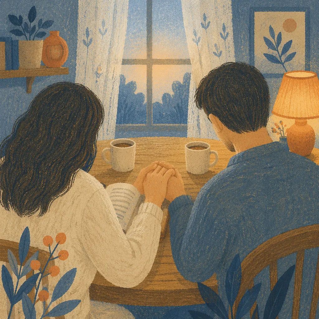 Couple Praying at Blue Hour Kitchen Table