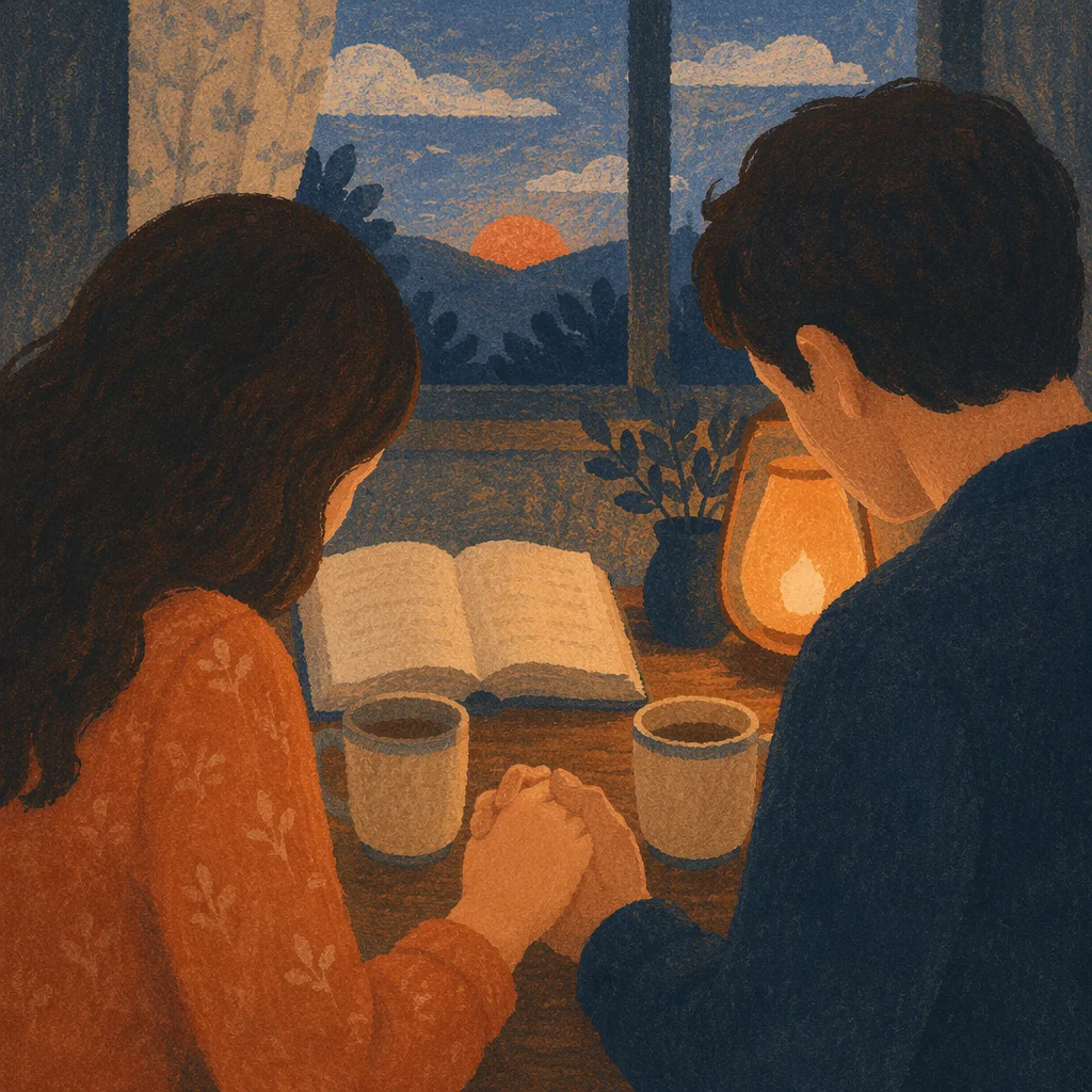 Couple Praying at Dawn Kitchen Table